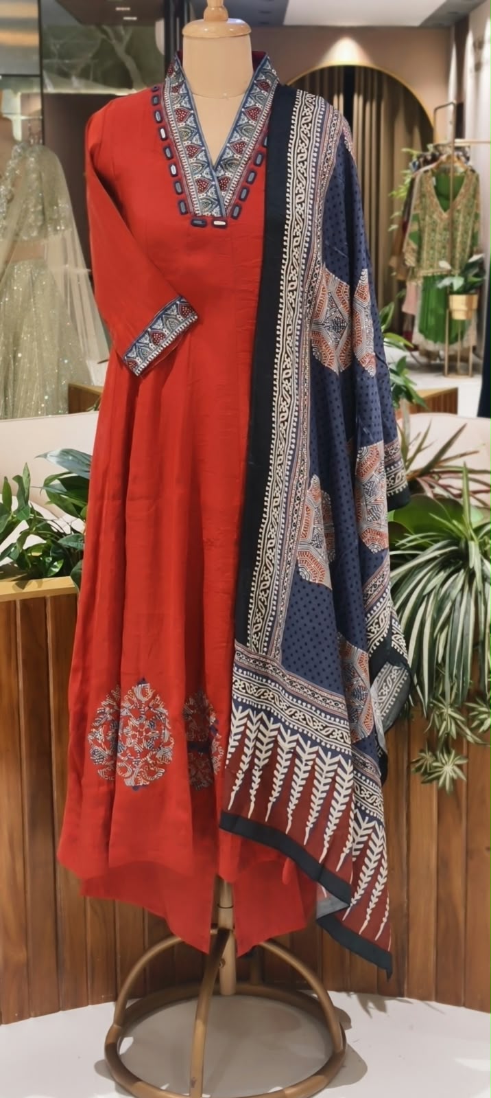 Crimson Surat Mulchanderi Aline Ajrakh-Style Printed V-Neckline, Contrast Sleeve Borders Anarkali Full Suit Set With Dupatta- 16716