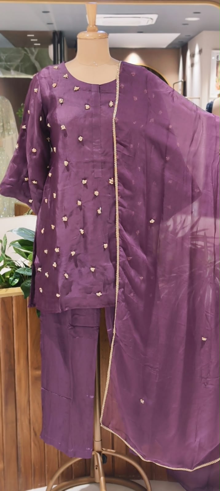 Designer Pure Organza Scattered Pearl Jewel Work Detailing Kurta with Bottom and Dupatta- 16728