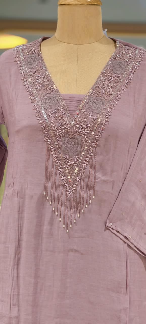 Lilac Pastel Elegance Delicate Embroidery Work Surat Mul-Chanderi A-Line Full Suit Set With Dupatta- 16637