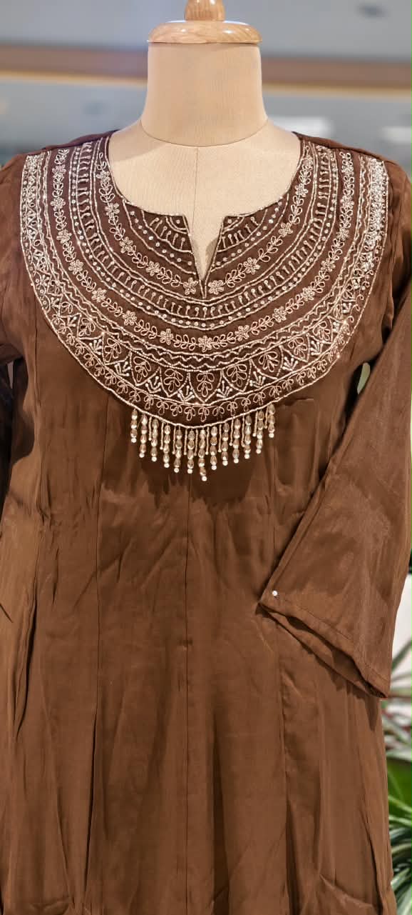 Banarasi Mul-Chanderi Crystal Tassels Zardosi Embroidered A-Line Full Suit Set With Dupatta- 16641