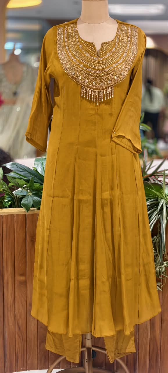 Banarasi Mul-Chanderi Crystal Tassels Zardosi Embroidered A-Line Full Suit Set With Dupatta- 16641