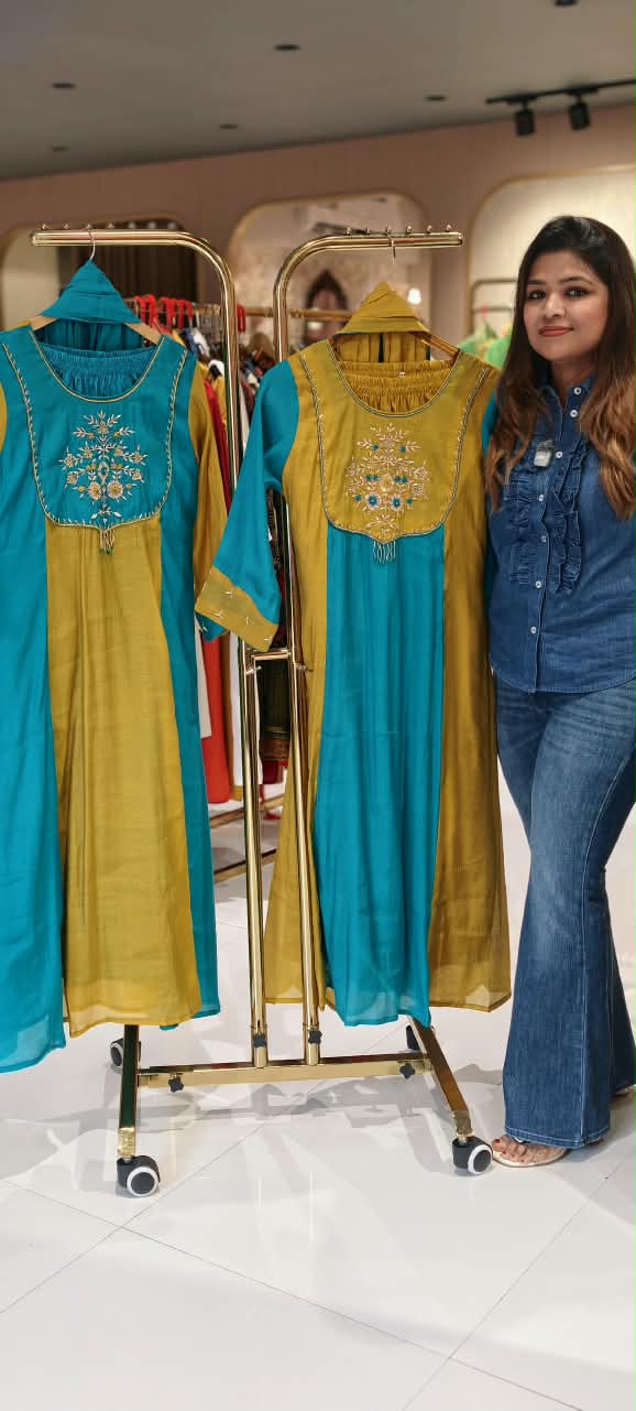 Surat Mul-Chanderi Zardozi Embroidered Yoke Contrast Shade Aline Full Suit Set With Dupatta- 16713
