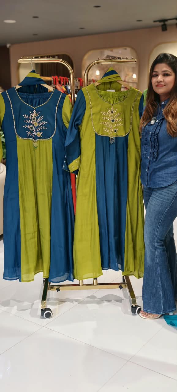 Dual Shade Aline Surat Mul-Chanderi Embroidered Yoke Full Suit Set With Dupatta- 16714