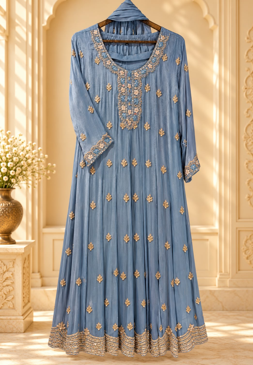 Heavy Beaded Embroidered Chinon Kali Cut Grey Panel Anarkali Full Suit Set With Dupatta- 16667