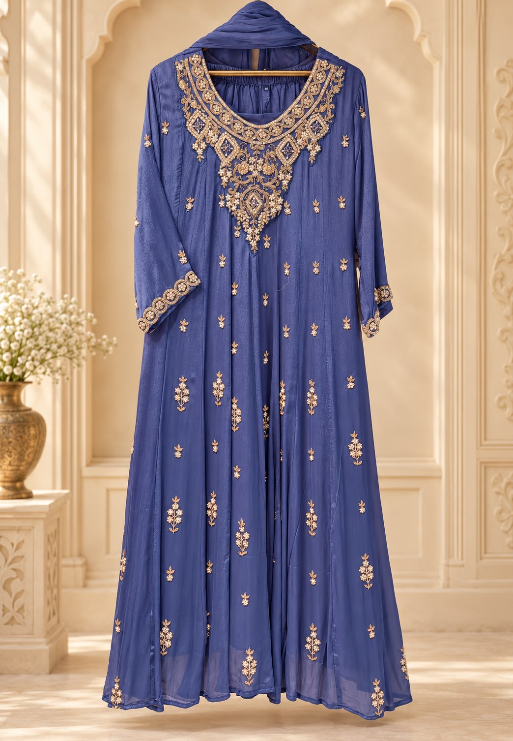 Heavy Pearl Embroidered Chinon Panel Anarkali Full Suit Set with Bottom And Dupatta- 16665