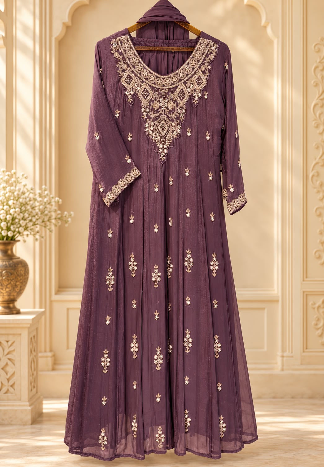 Heavy Pearl Embroidered Chinon Panel Anarkali Full Suit Set with Bottom And Dupatta- 16665
