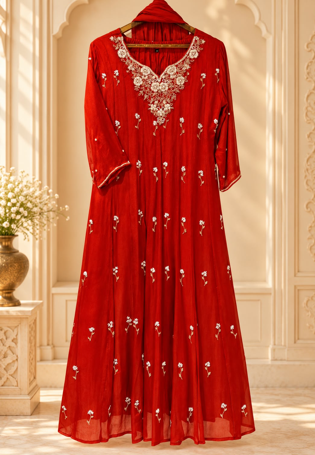 Pearl Embroidery Kali Cut Panel Anarkali Party Wear Full Set with Dupatta in Chinon Fabric- 16668