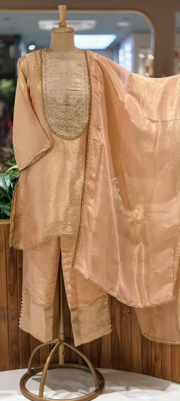 Tissue Brocade U-Yoke Zardosi Hand-Touch Short Length Kurta With Golden Lace Detailing Matching Bottom & Dupatta- 16595