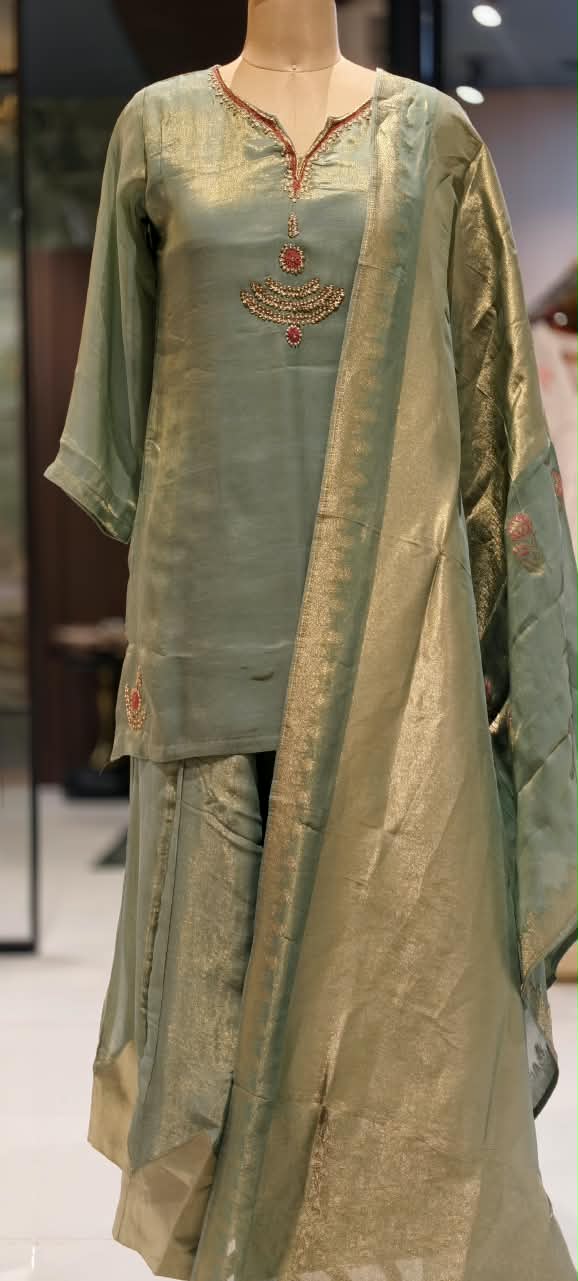Pearl Kundan Neckline Shimmer Tissue Short Length Kurta With Matching Panel Palazzo Bottom & Dupatta- 16596