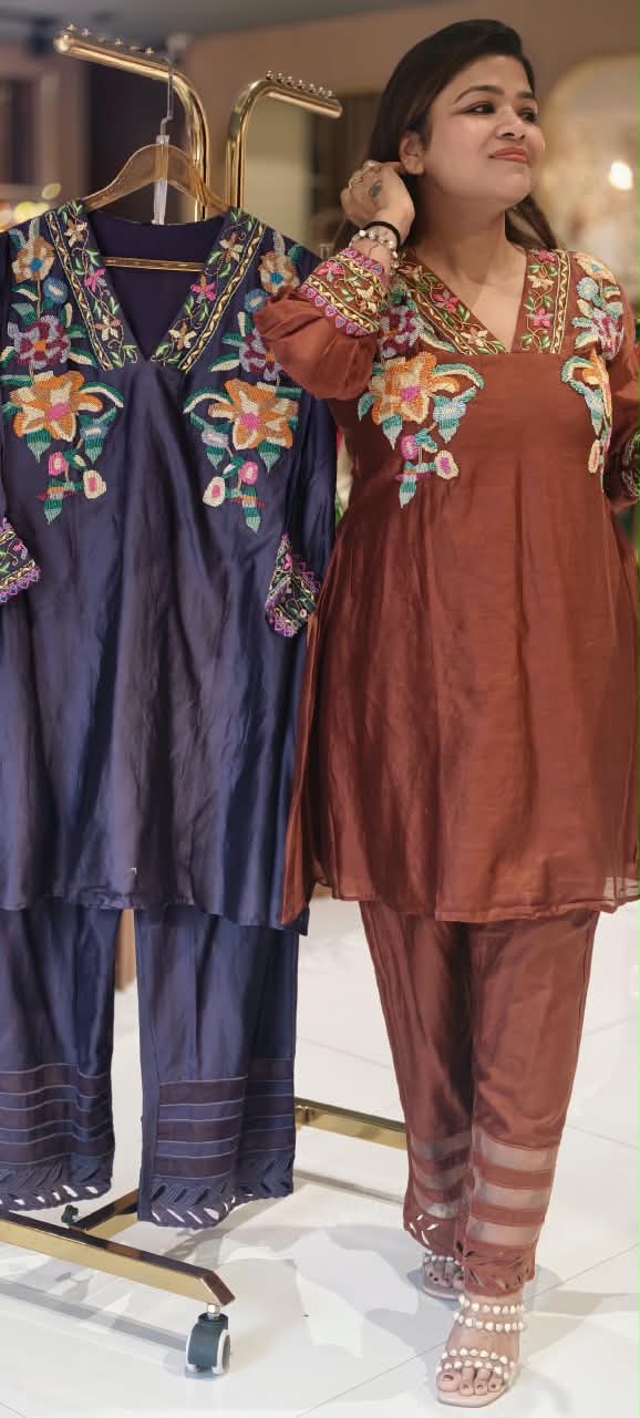 Heavy Pearl HD Embroidered A-line Short Kurti With Stylish Cut Work Bottom Co-Ord Set- 16727