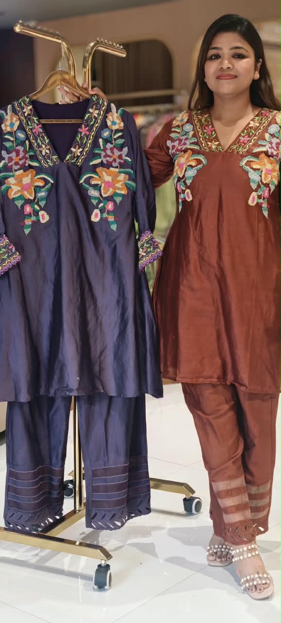 Heavy Pearl HD Embroidered A-line Short Kurti With Stylish Cut Work Bottom Co-Ord Set- 16727