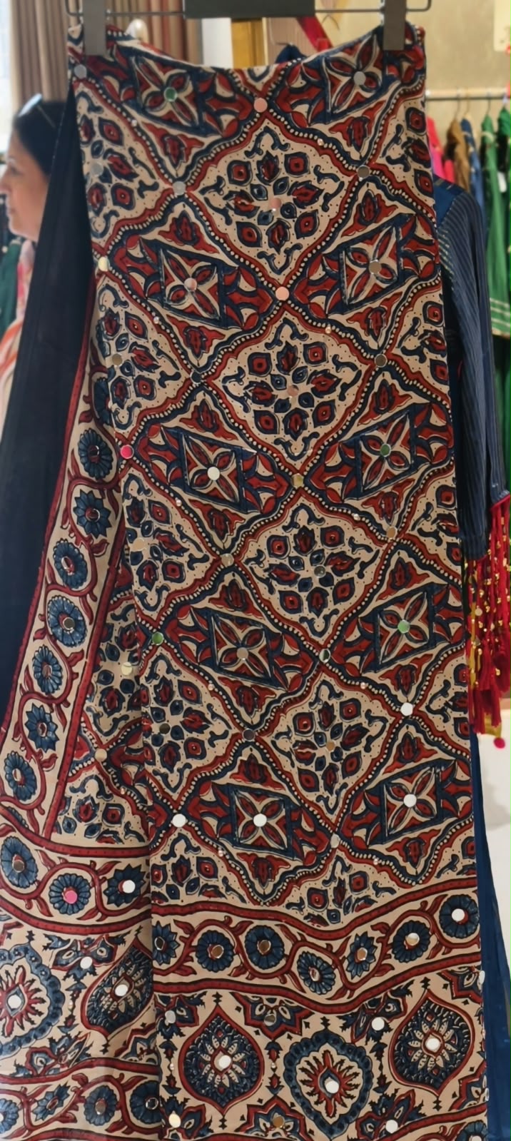 Ajrak Print Dupatta Mural Satin Fabric With Stick on Real Mirror Work- 16398