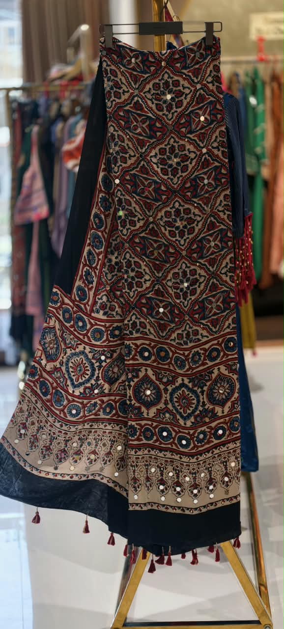 Ajrak Print Dupatta Mural Satin Fabric With Stick on Real Mirror Work- 16398