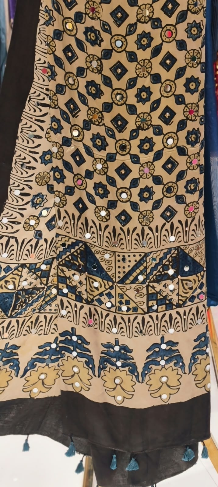 Ajrak Print Dupatta Mural Satin Fabric With Stick on Real Mirror Work- 16398