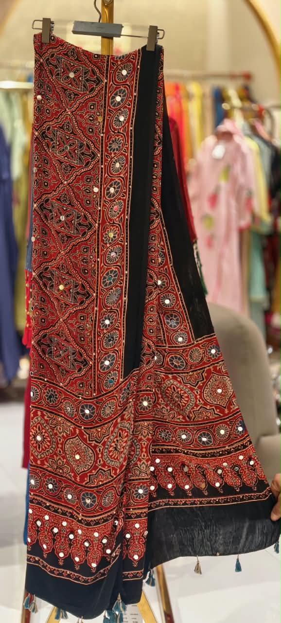 Ajrak Print Dupatta Mural Satin Fabric With Stick on Real Mirror Work- 16398