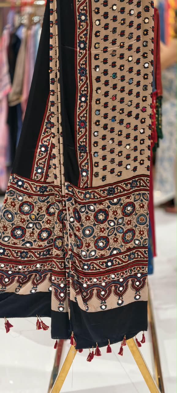 Ajrak Print Dupatta Mural Satin Fabric With Stick on Real Mirror Work- 16398