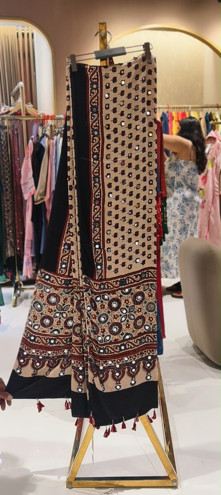 Ajrak Print Dupatta Mural Satin Fabric With Stick on Real Mirror Work- 16398