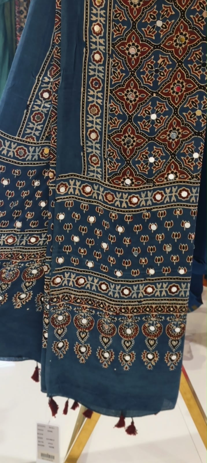 Ajrak Print Dupatta Mural Satin Fabric With Stick on Real Mirror Work- 16398