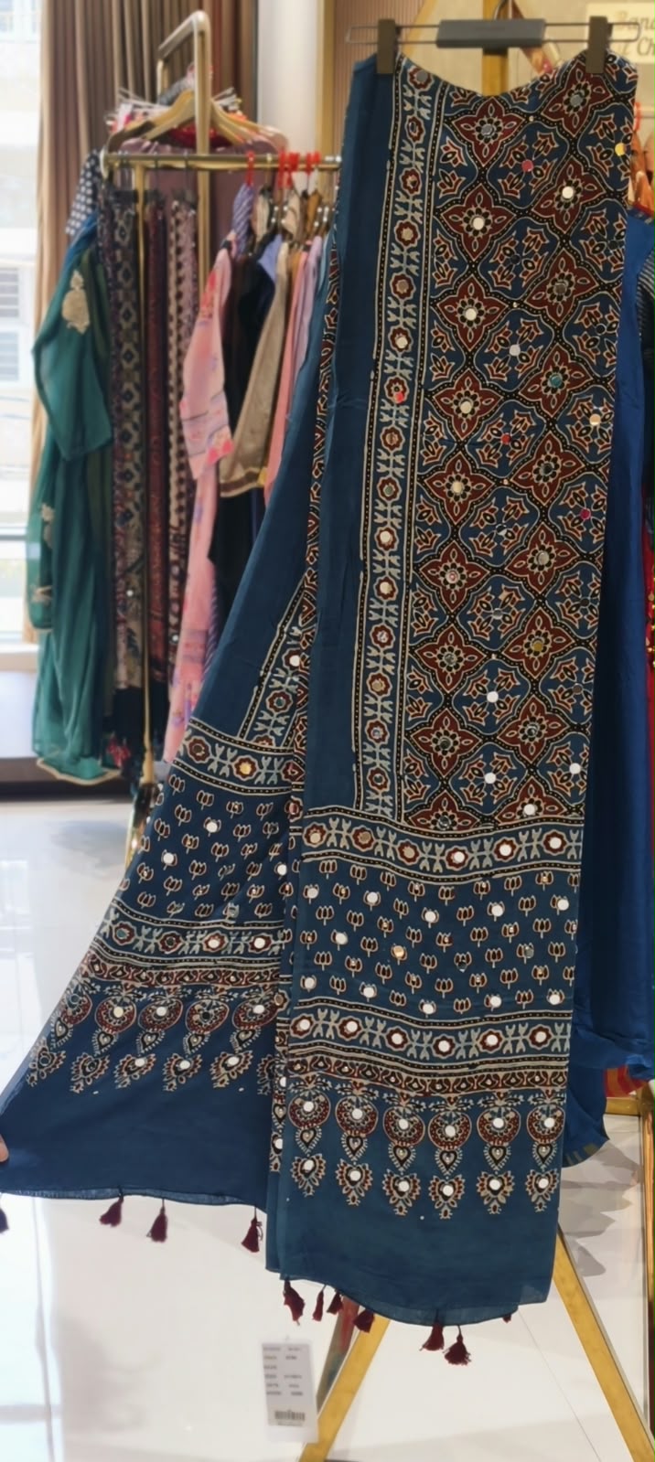 Ajrak Print Dupatta Mural Satin Fabric With Stick on Real Mirror Work- 16398
