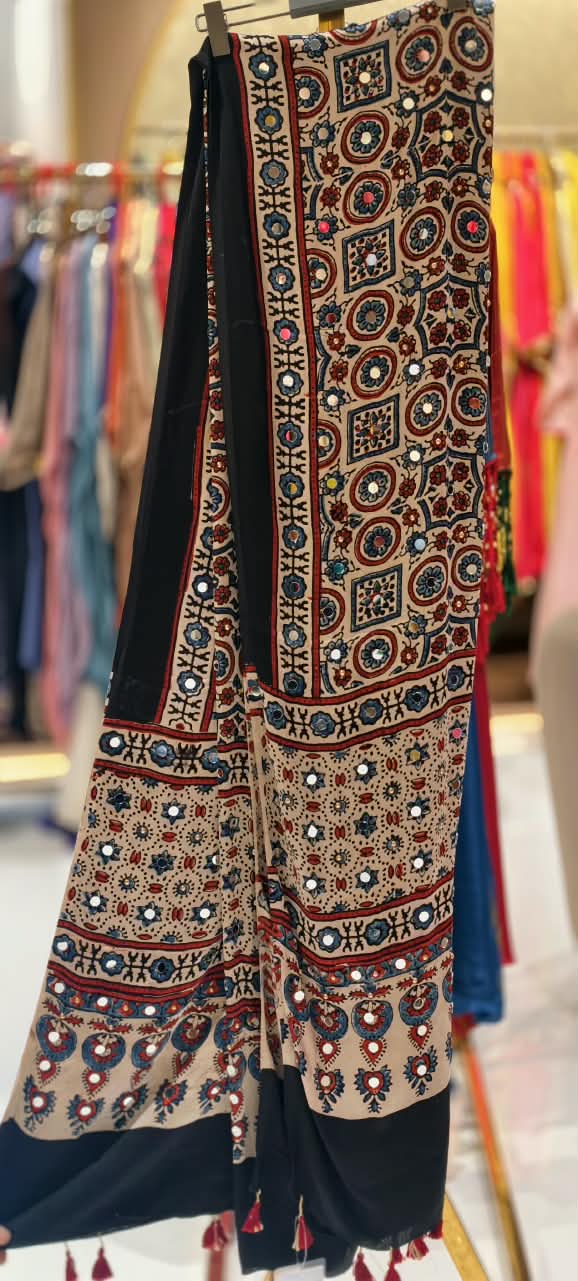 Ajrak Print Dupatta Mural Satin Fabric With Stick on Real Mirror Work- 16398