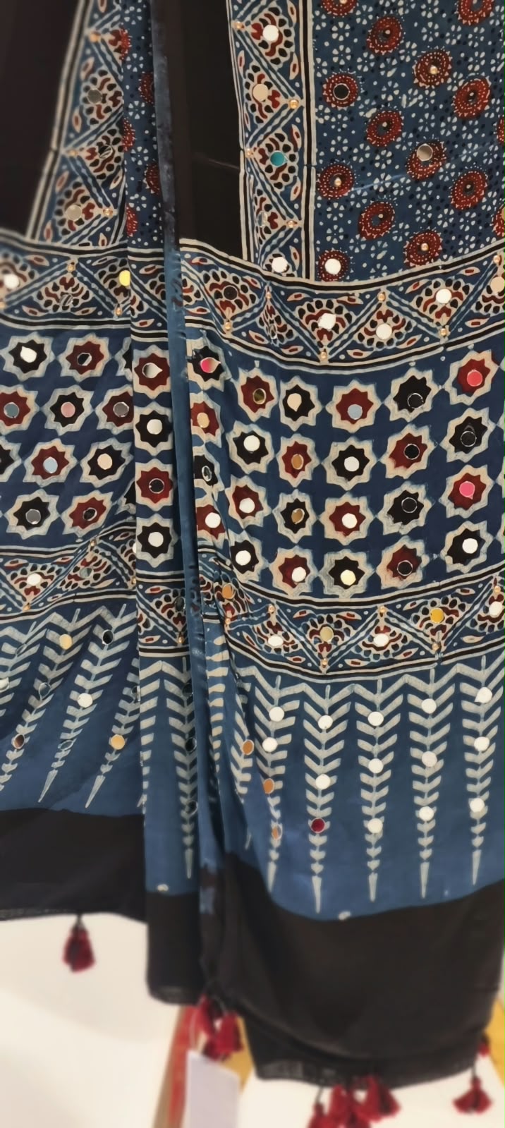 Ajrak Print Dupatta Mural Satin Fabric With Stick on Real Mirror Work- 16398