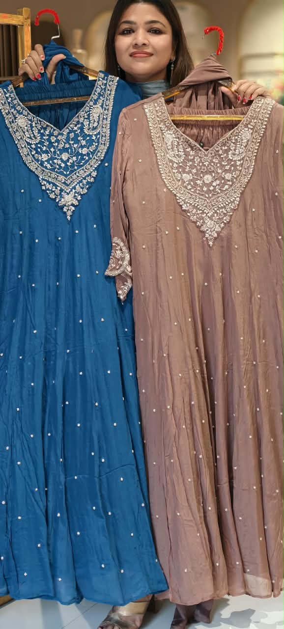 Pure Chinon Fine Embroidery Scattered Motifs Panel Anarkali Full Suit Set With Dupatta- 16568
