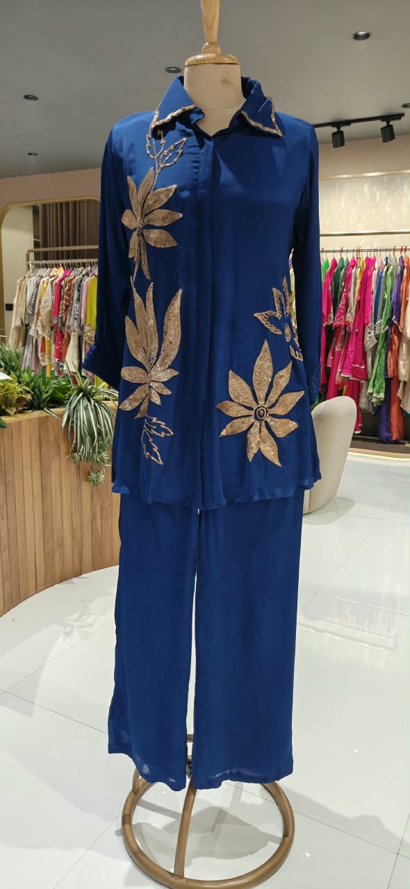 Designer Sequence Leaf Inspired Embroidered Chinon Stylish Co-Ord Set- 16753