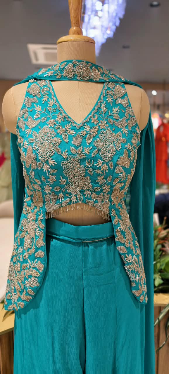 Embroidered Designer Sleeveless Crop Top And Chowker Dupatta with Palazzo Set 16750