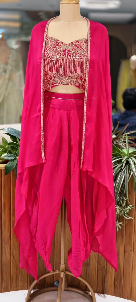 Designer Embroidered Crop Top with Dhoti Pants & Flowing Cape Set-16751