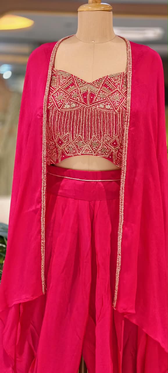 Designer Embroidered Crop Top with Dhoti Pants & Flowing Cape Set-16751