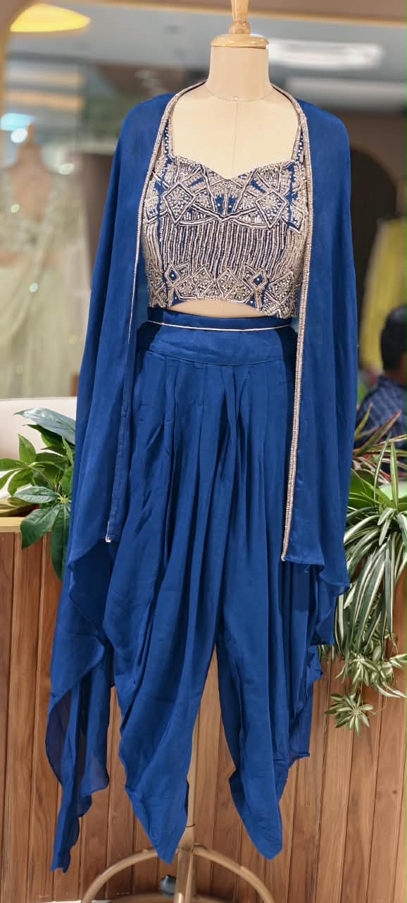 Designer Embroidered Crop Top with Dhoti Pants & Flowing Cape Set-16751
