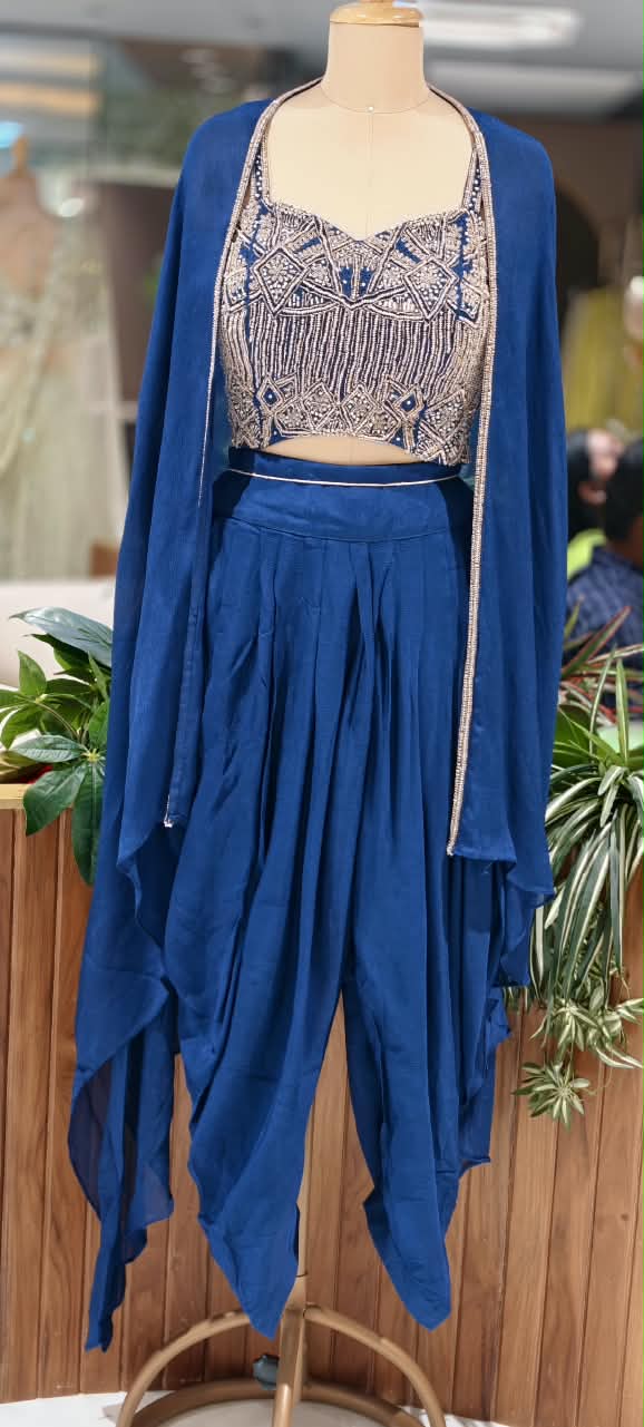 Designer Embroidered Crop Top with Dhoti Pants & Flowing Cape Set-16751