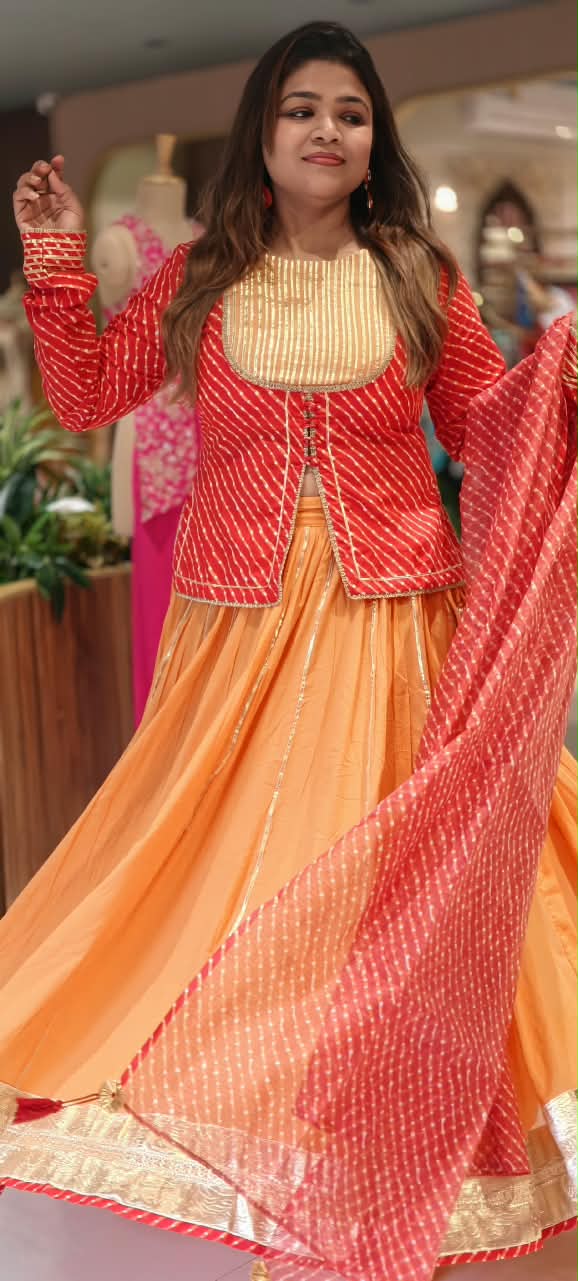 Festive Grace Leheriya Prints Gotta Patti Highlights Kota Doria Classic Front Slitted Kurta With Flared Contrasted Bottom & Dupatta- 16755