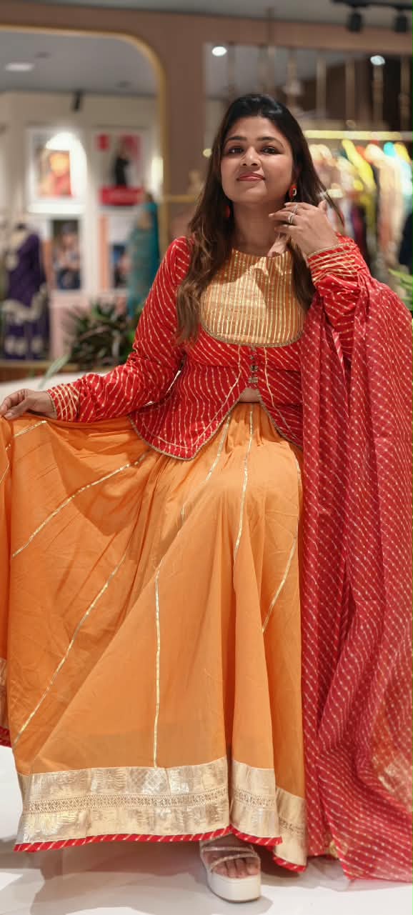 Festive Grace Leheriya Prints Gotta Patti Highlights Kota Doria Classic Front Slitted Kurta With Flared Contrasted Bottom & Dupatta- 16755