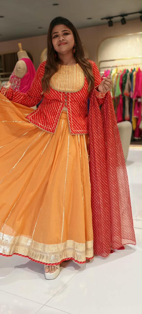 Festive Grace Leheriya Prints Gotta Patti Highlights Kota Doria Classic Front Slitted Kurta With Flared Contrasted Bottom & Dupatta- 16755
