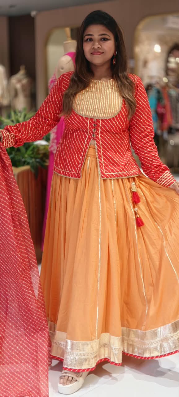 Festive Grace Leheriya Prints Gotta Patti Highlights Kota Doria Classic Front Slitted Kurta With Flared Contrasted Bottom & Dupatta- 16755