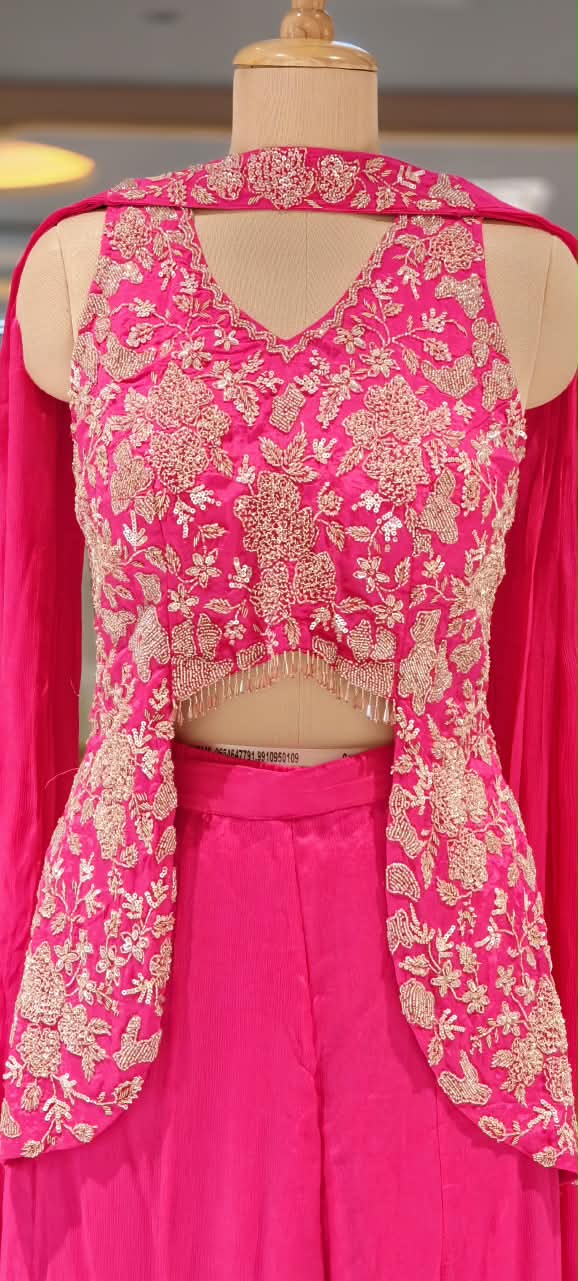 Embroidered Designer Sleeveless Crop Top And Chowker Dupatta with Palazzo Set 16750