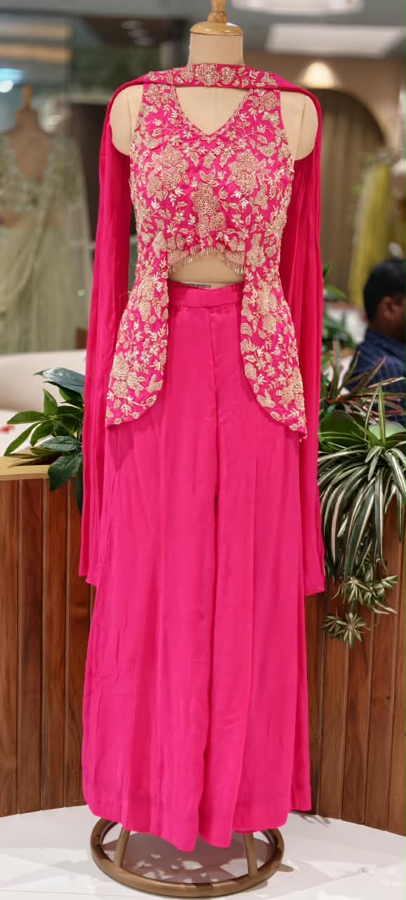 Embroidered Designer Sleeveless Crop Top And Chowker Dupatta with Palazzo Set 16750