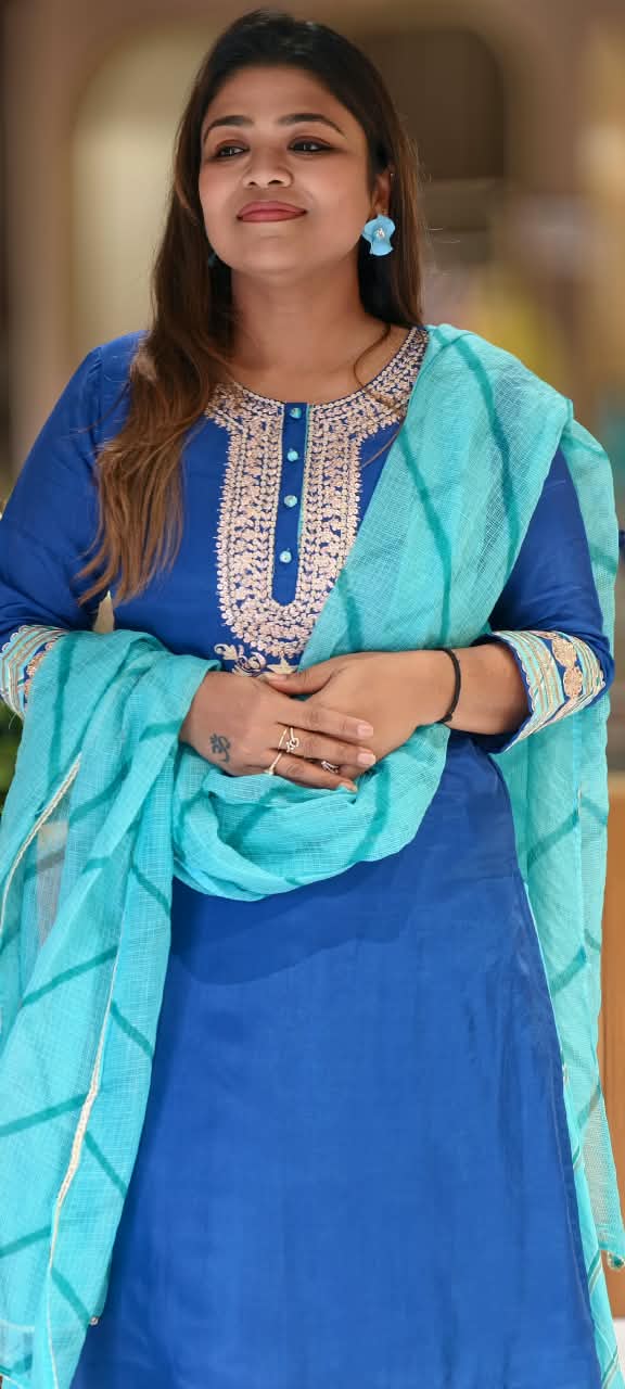 Dual Blue Shade With Rich Golden Embroidery Russian Silk Kurta Set With Kota Doria Leheriya Skirt Bottom & Dupatta- 16754