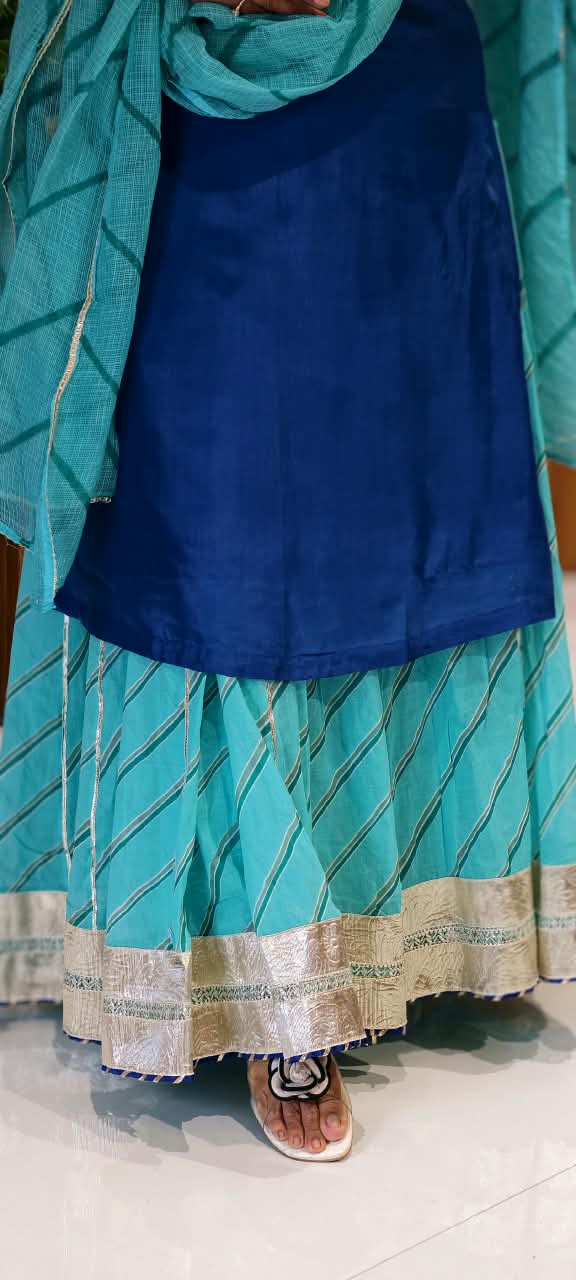 Dual Blue Shade With Rich Golden Embroidery Russian Silk Kurta Set With Kota Doria Leheriya Skirt Bottom & Dupatta- 16754