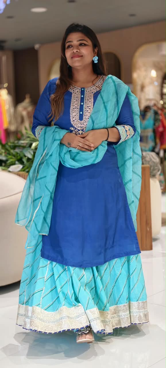 Dual Blue Shade With Rich Golden Embroidery Russian Silk Kurta Set With Kota Doria Leheriya Skirt Bottom & Dupatta- 16754
