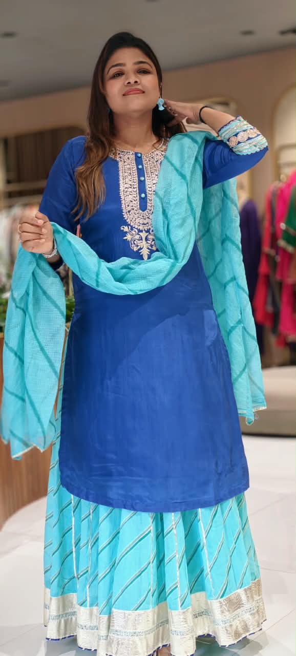 Dual Blue Shade With Rich Golden Embroidery Russian Silk Kurta Set With Kota Doria Leheriya Skirt Bottom & Dupatta- 16754
