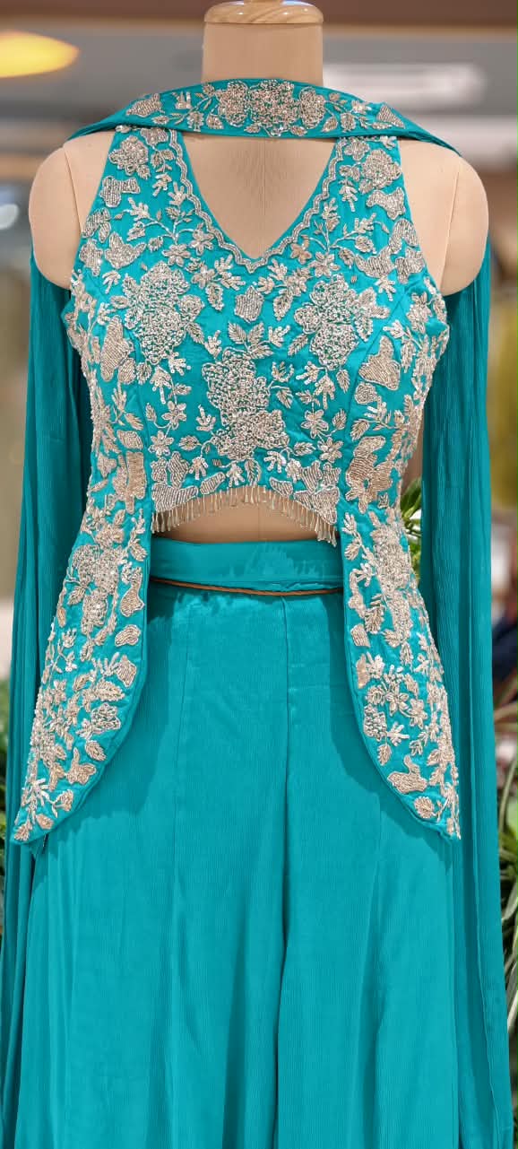Embroidered Designer Sleeveless Crop Top And Chowker Dupatta with Palazzo Set 16750