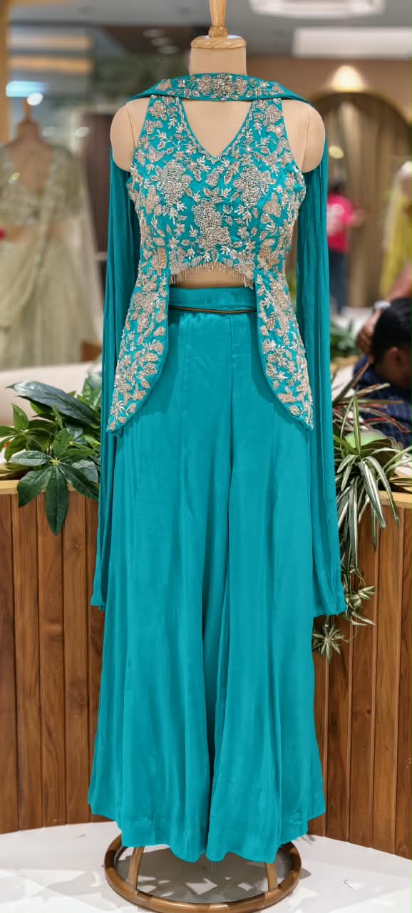 Embroidered Designer Sleeveless Crop Top And Chowker Dupatta with Palazzo Set 16750