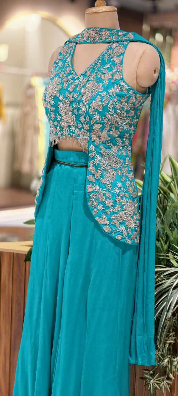 Embroidered Designer Sleeveless Crop Top And Chowker Dupatta with Palazzo Set 16750