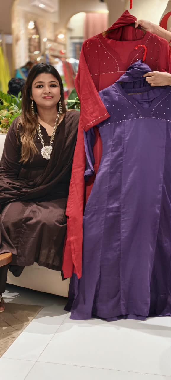 Kota Doria Solid Shade A-Line Full Suit Set With Tiny Sequence & Thread Touch With Matching Dupatta- 16744