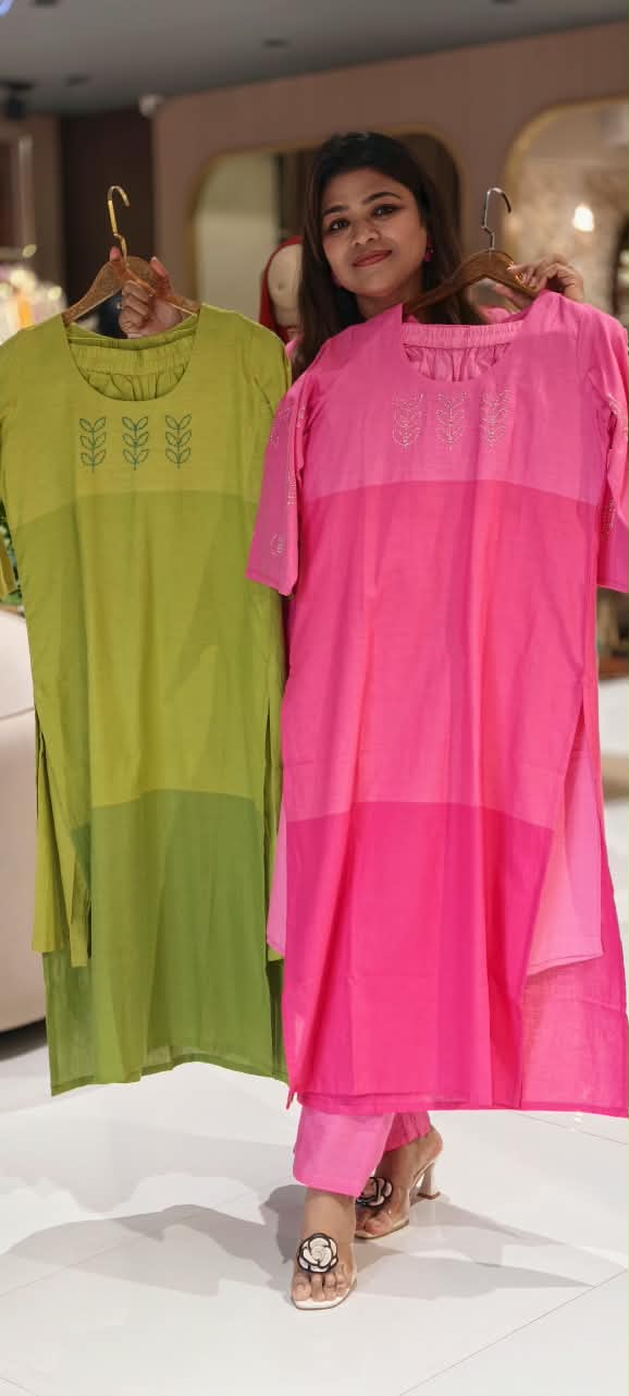 Shaded Handloom Cotton Minimal Leaf Embroidered Kurta Pant Set- 16694