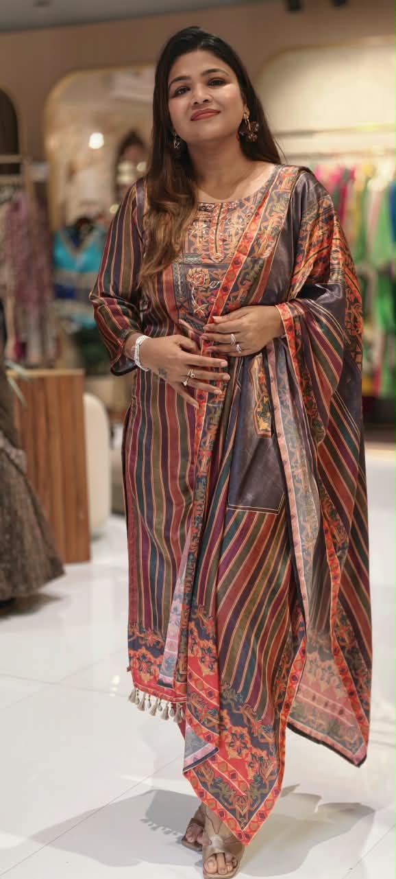 Premium Gajji Silk Striped Prints With Embroidered Neckline Straight Full Suit Set With Dupatta-16691 16688 16738