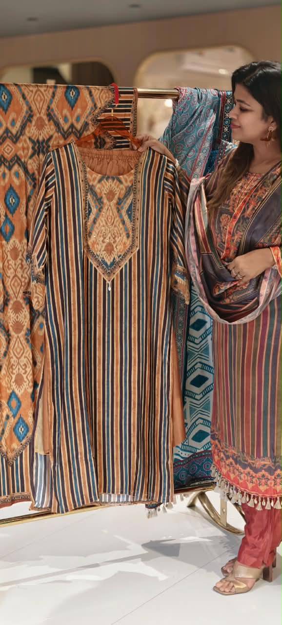Premium Gajji Silk Striped Prints With Embroidered Neckline Straight Full Suit Set With Dupatta-16691 16688 16738