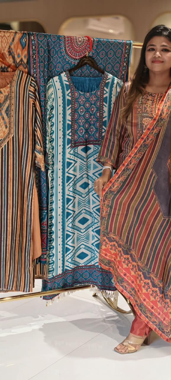 Premium Gajji Silk Striped Prints With Embroidered Neckline Straight Full Suit Set With Dupatta-16691 16688 16738